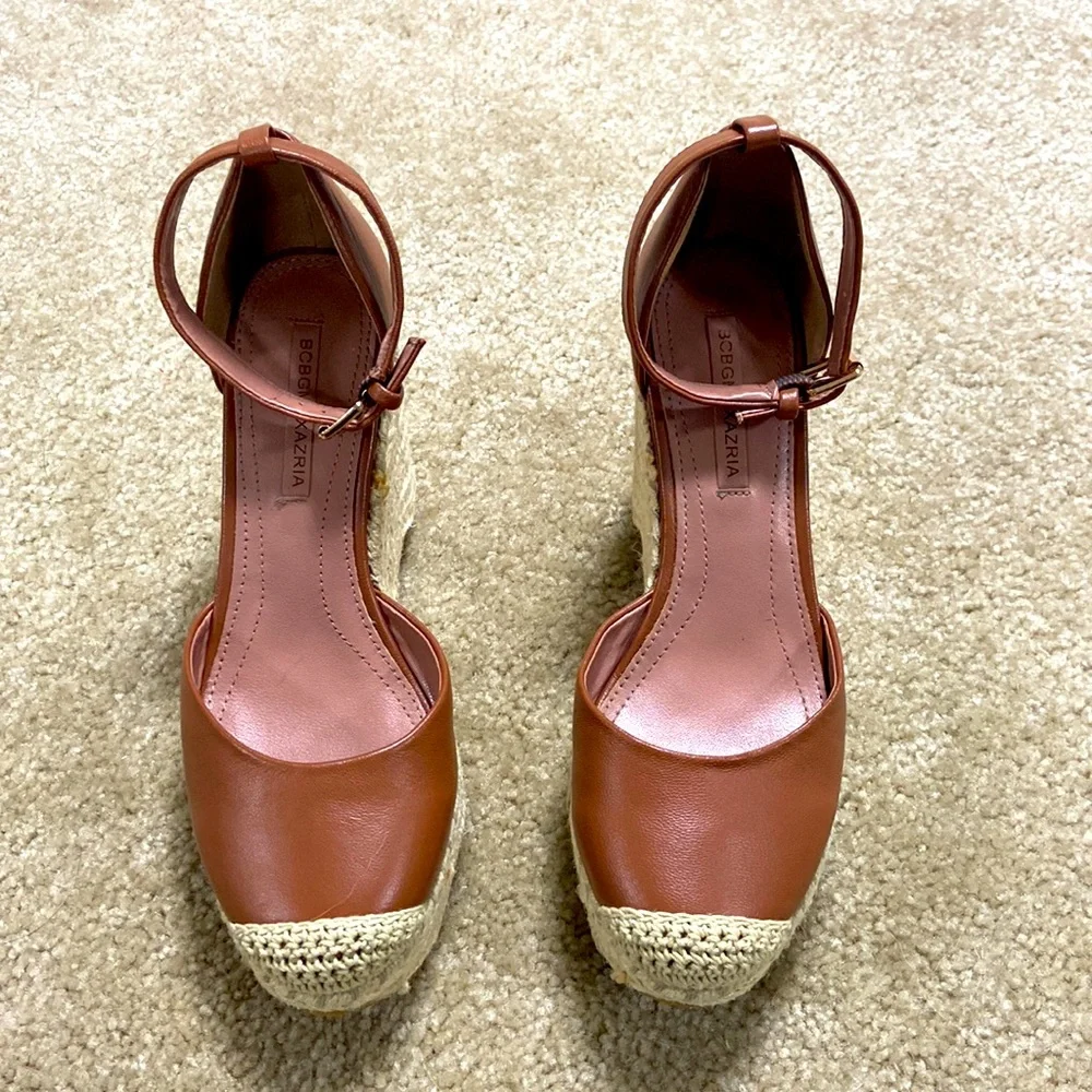 BCBGMaxAzria Cognac Leather Espadrille Wedge Sandals